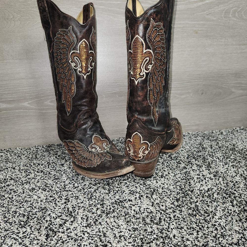 Corral Fleur De Lis Wings Brown Gold Womens 8.5,Bling Sequins Cowboy Boots Rodeo